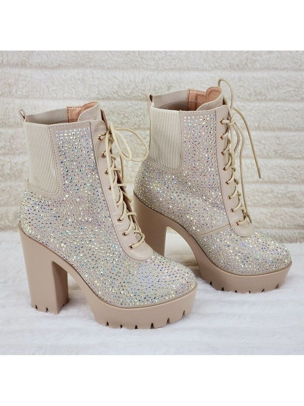 Barri Nude Rhinestone Chunky Heel Platform Ankle Boots